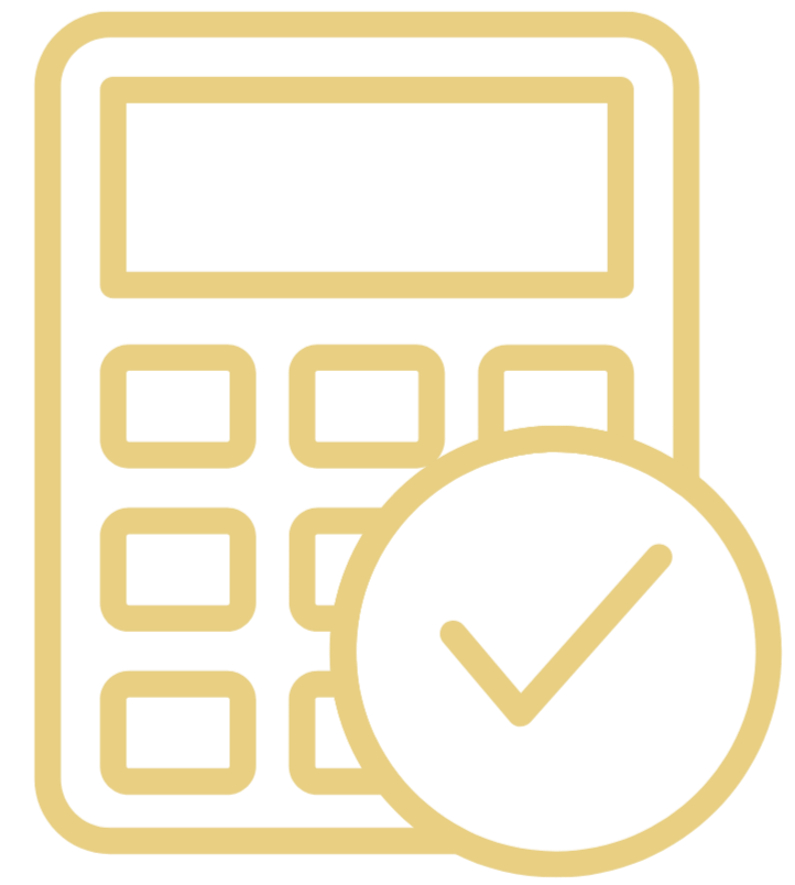 Icon of a calculator with a checkmark in front.