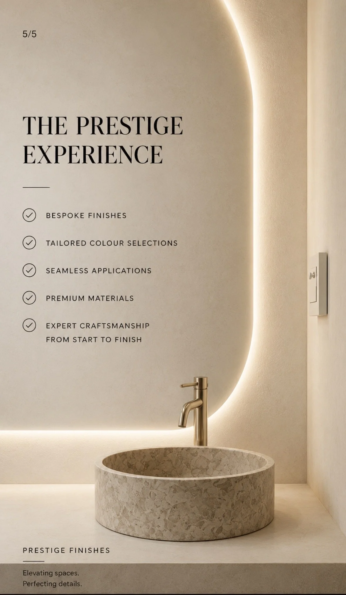 A bathroom vanity with a modern gold faucet, a round marble sink, and a mirror with backlighting. To the left, a wall with text in black, including a list of features and benefits of a premium finish. The bottom section of the image has additional text about finishing details.
