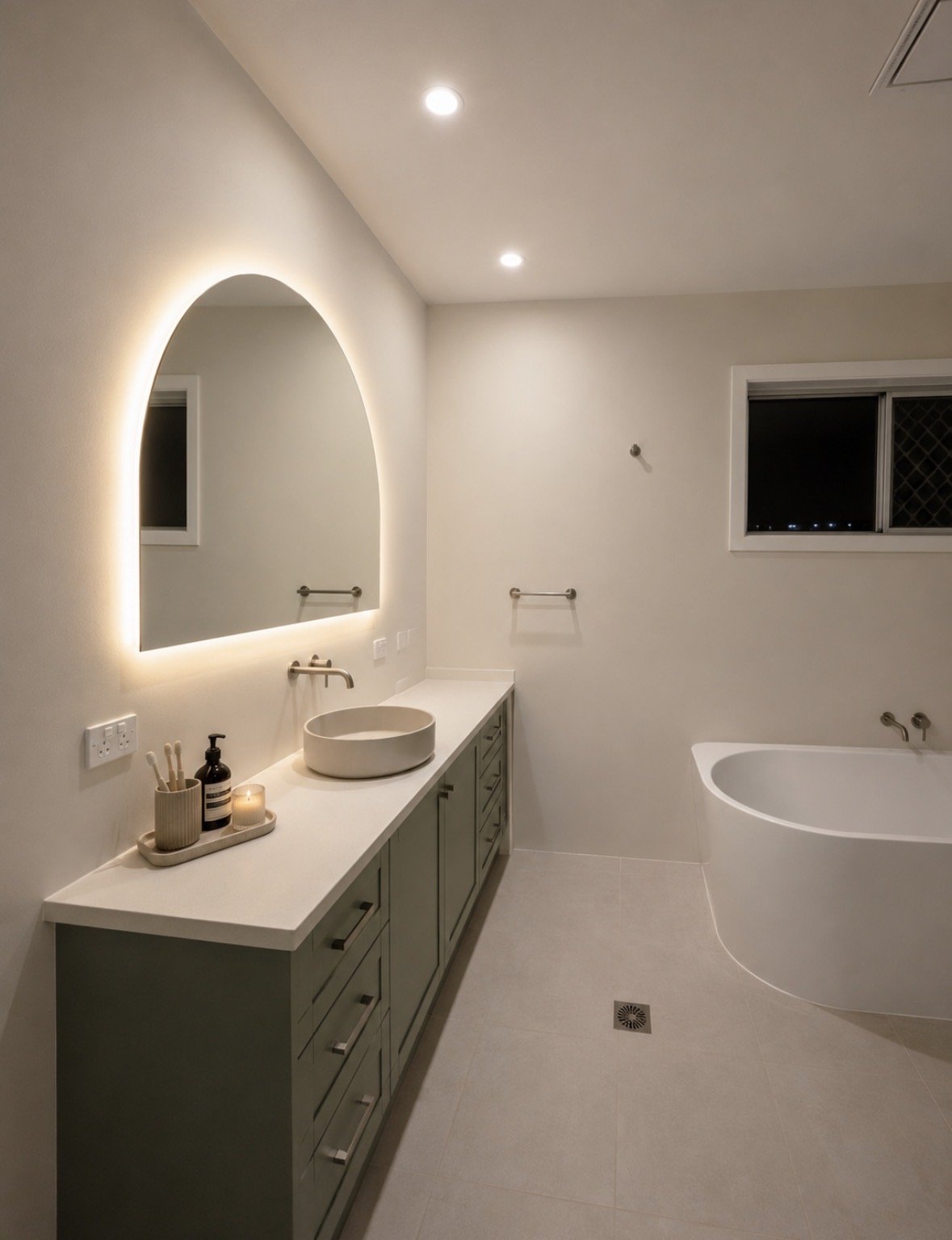 Modern bathroom with a green vanity, an oval mirror with backlit lighting, a vessel sink, a bathtub, small window, and recessed ceiling lights.
