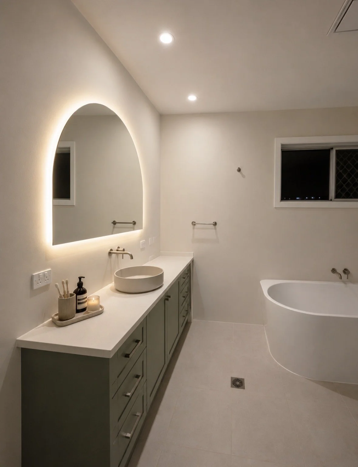 Modern bathroom with a backlit arched mirror, countertop sink, and a bathtub, neutral color scheme, small window at night.