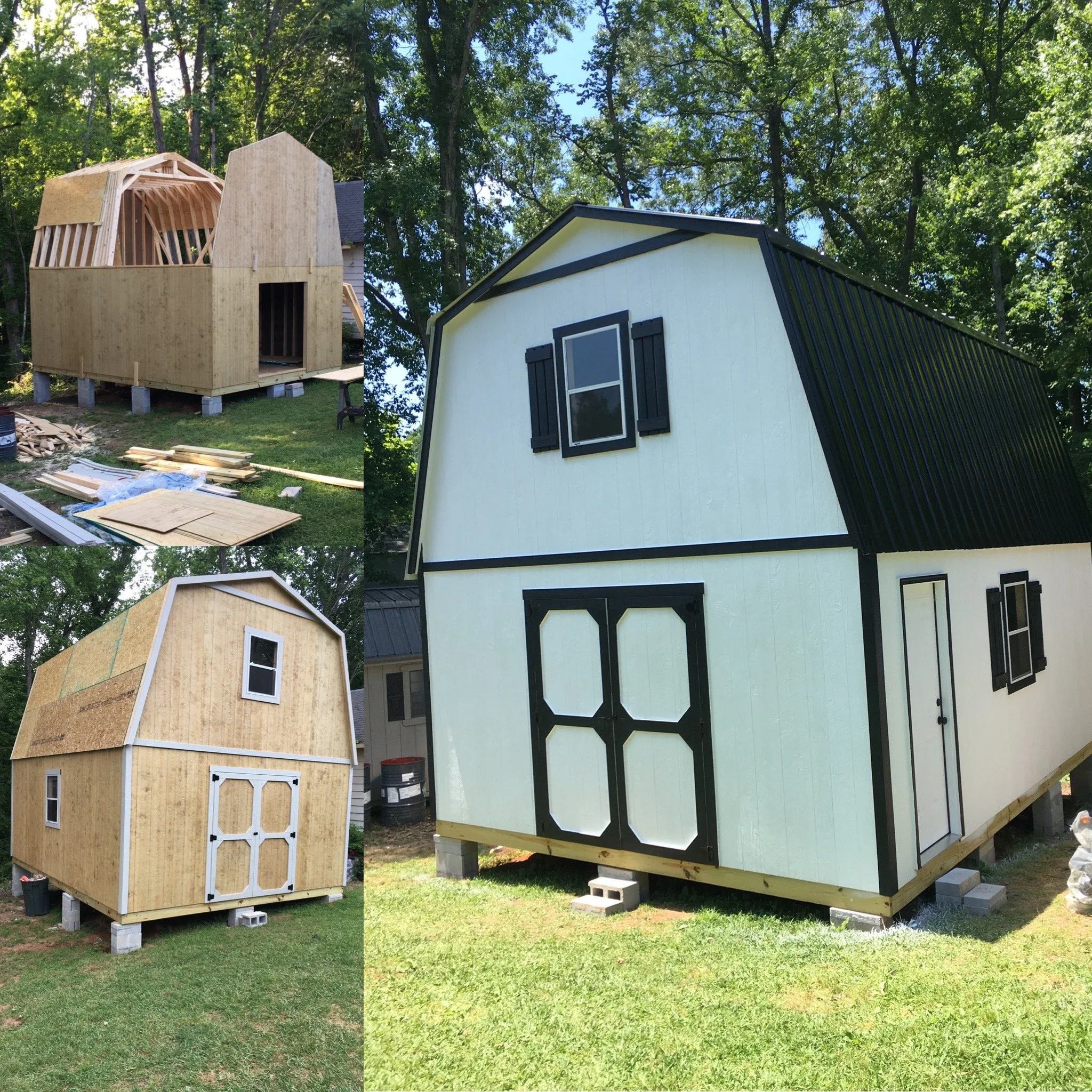 Side-by-side comparison of two small houses built on stilts in a backyard surrounded by trees. The left house is under construction with exposed wooden framing, while the right house is finished with a white exterior and black accents.