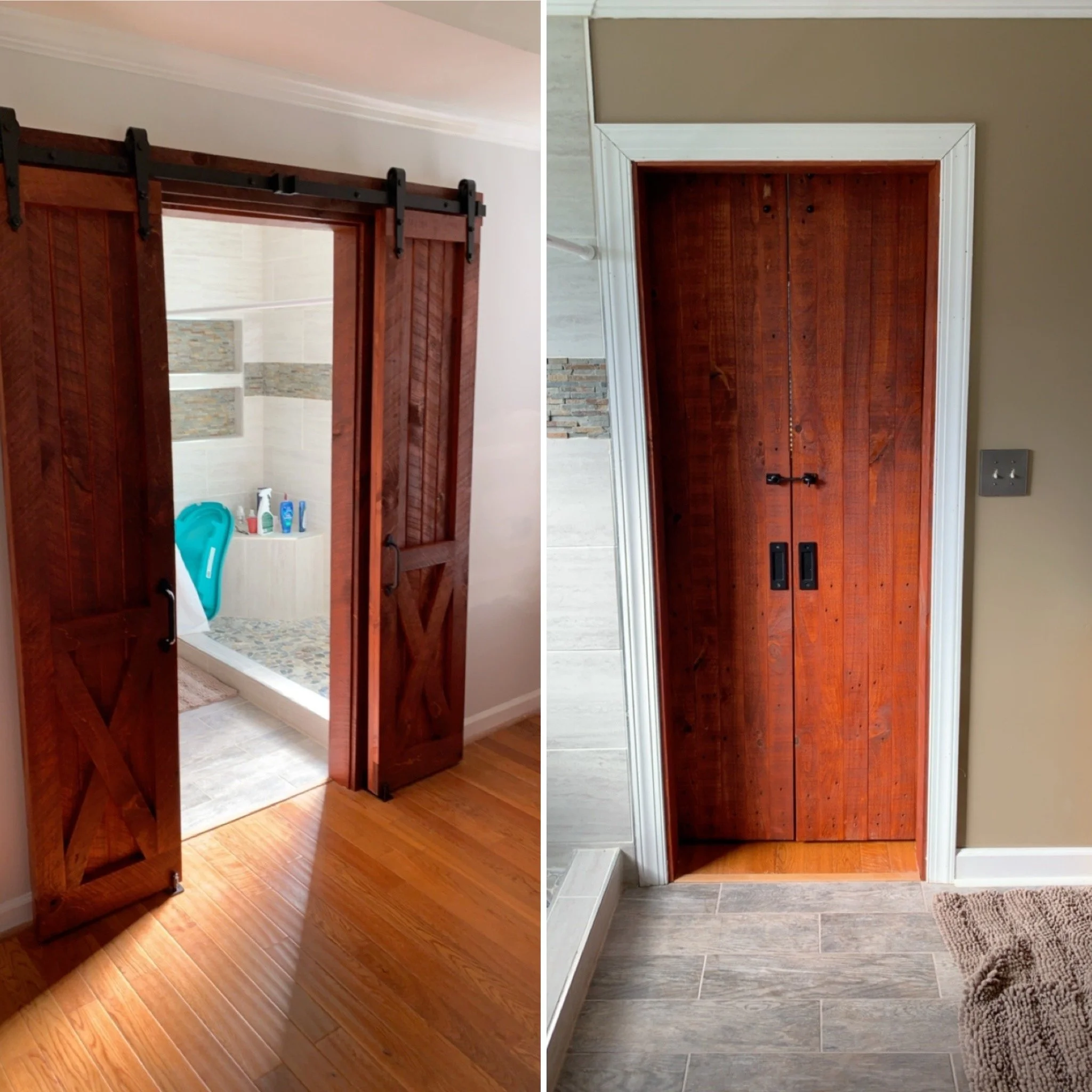 Comparison of two wood door frames, left side showing a door with a barn door hardware system, right side showing a door with a standard white trim, both installed in rooms with different flooring.