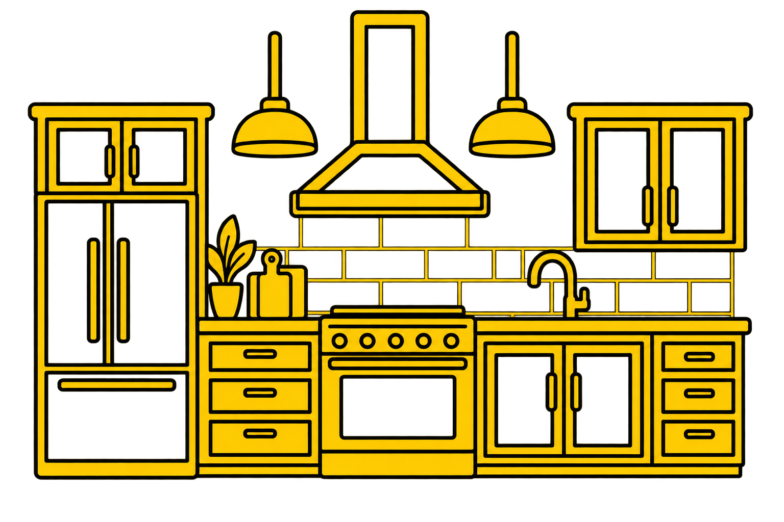 Illustration of a modern kitchen with yellow outlines, including cabinets, a stove, an extractor hood, pendant lights, a sink, and decorative items like a potted plant and cutting boards.