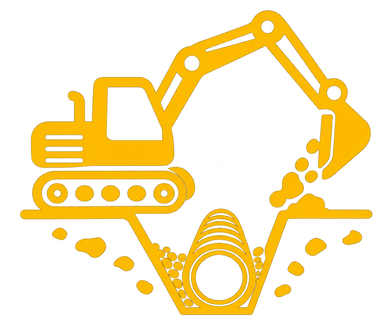 Outline illustration of construction equipment, including an excavator, crane hook, and rubble in yellow.