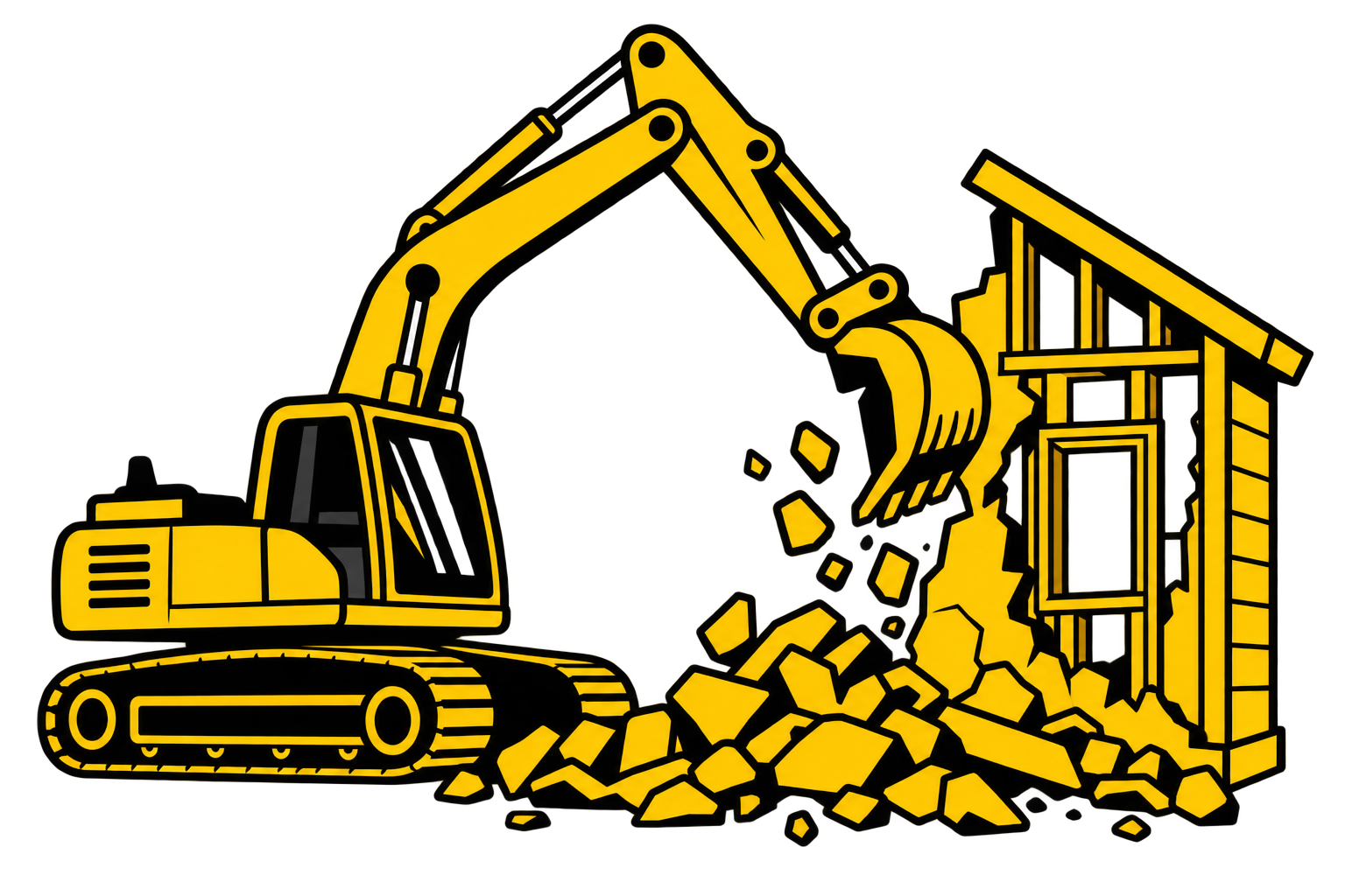 Illustration of a yellow excavator demolishing a building, with debris falling from the structure.