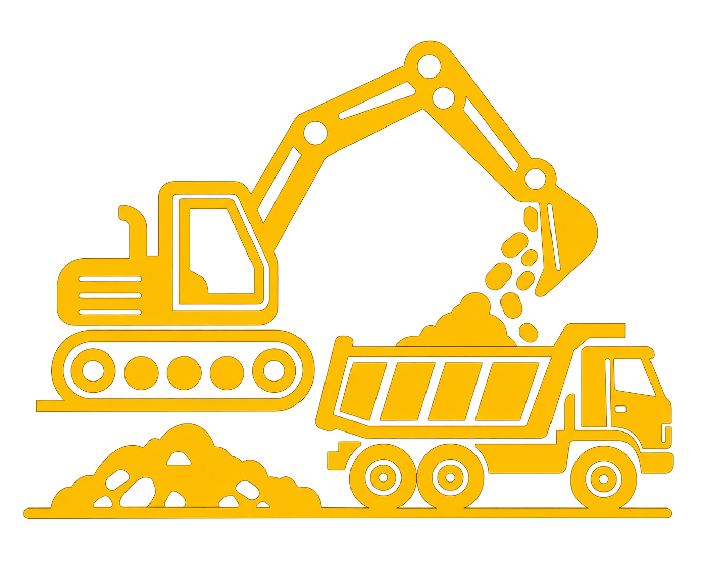 Outline of construction equipment, including an excavator and dump truck, moving dirt.
