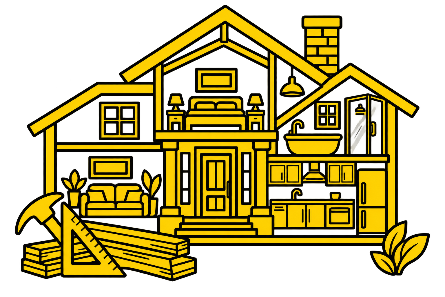 Illustration of a house under construction with construction tools near the entrance, and interior elements like a bed, lamps, kitchen sink, and window visible inside.