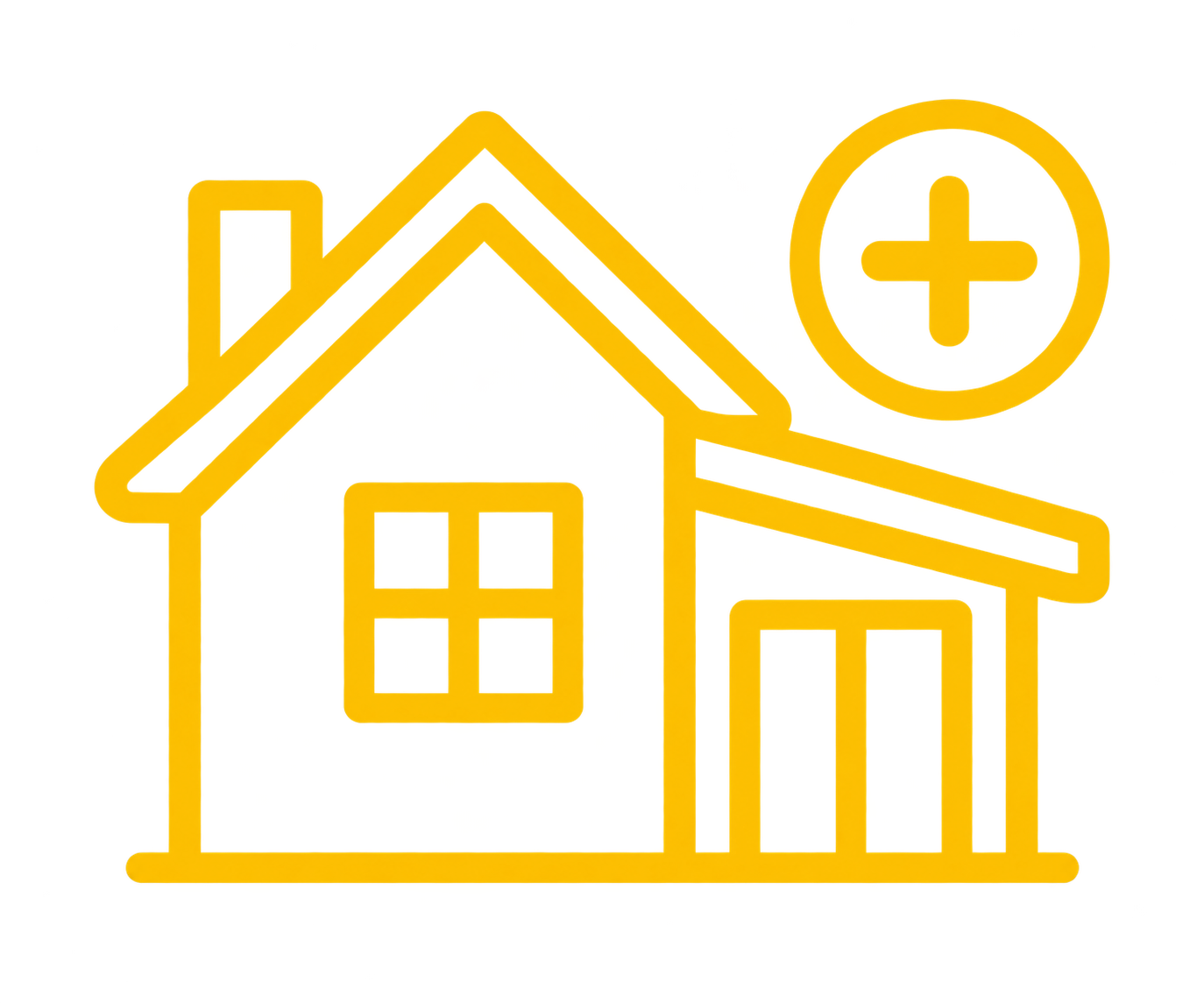 Outline of a house with a plus symbol in a circle, illustrating real estate or home health services.