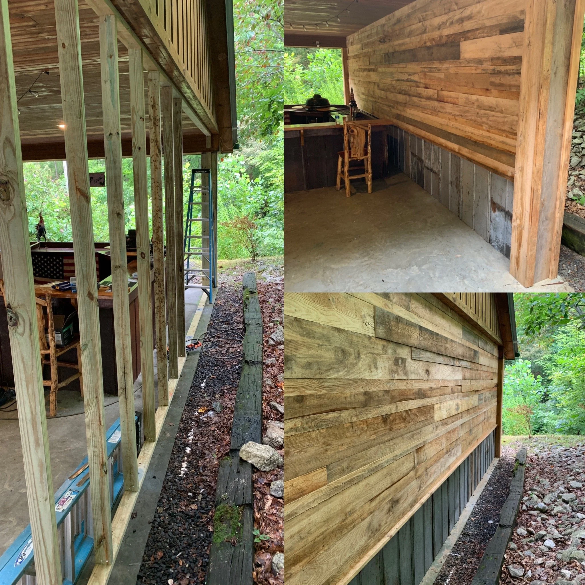 The image shows a side-by-side comparison of an unfinished and a finished wooden building exterior. The left side reveals a frame with exposed vertical and horizontal wooden studs with a ladder in front, surrounded by trees and outdoor foliage. The right side displays the same building with the wooden exterior fully installed, showcasing horizontal wooden planks on the wall and a finished window area.