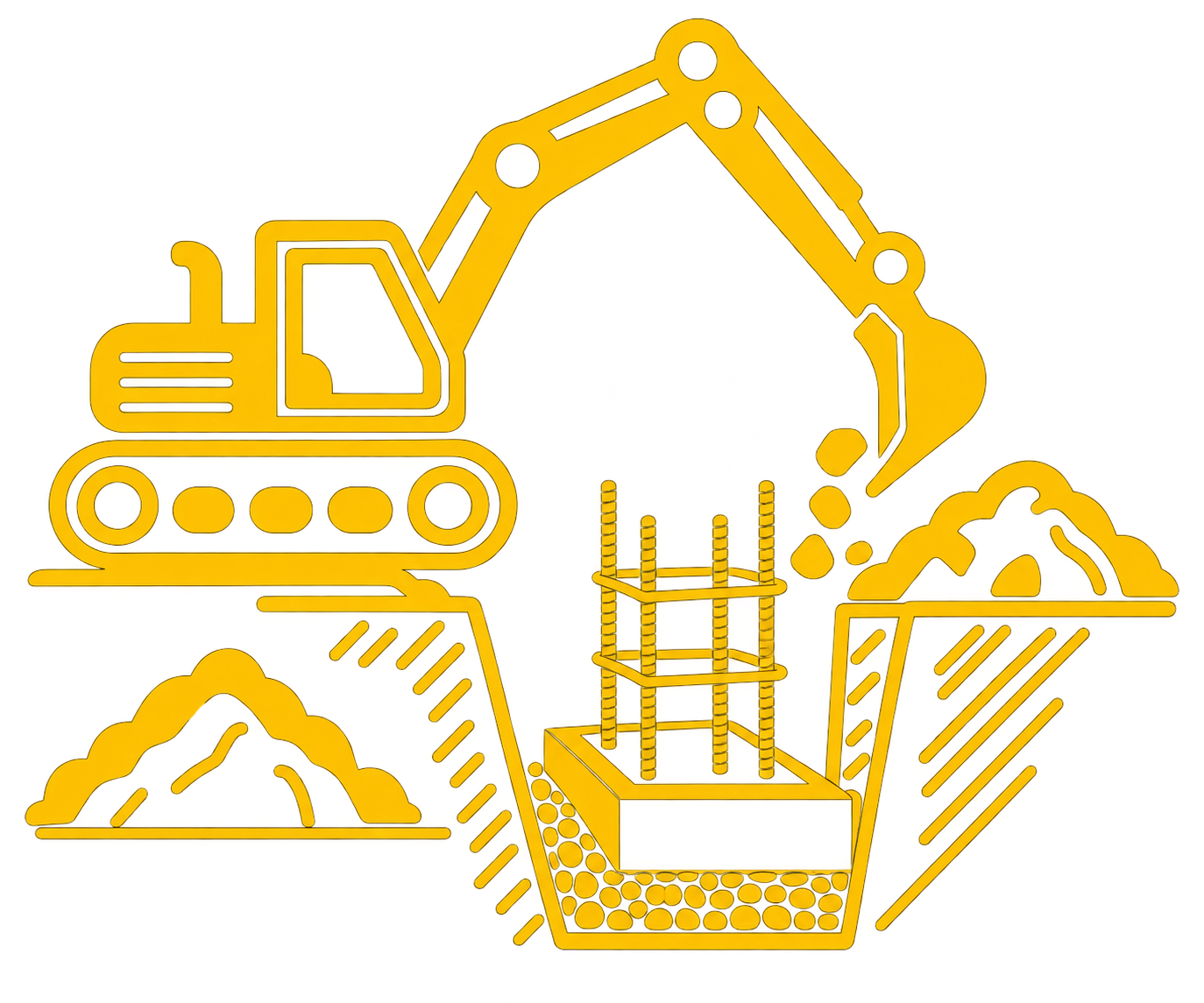 Line drawing of construction equipment, including an excavator and construction site with rebar, gravel, and earthwork elements.