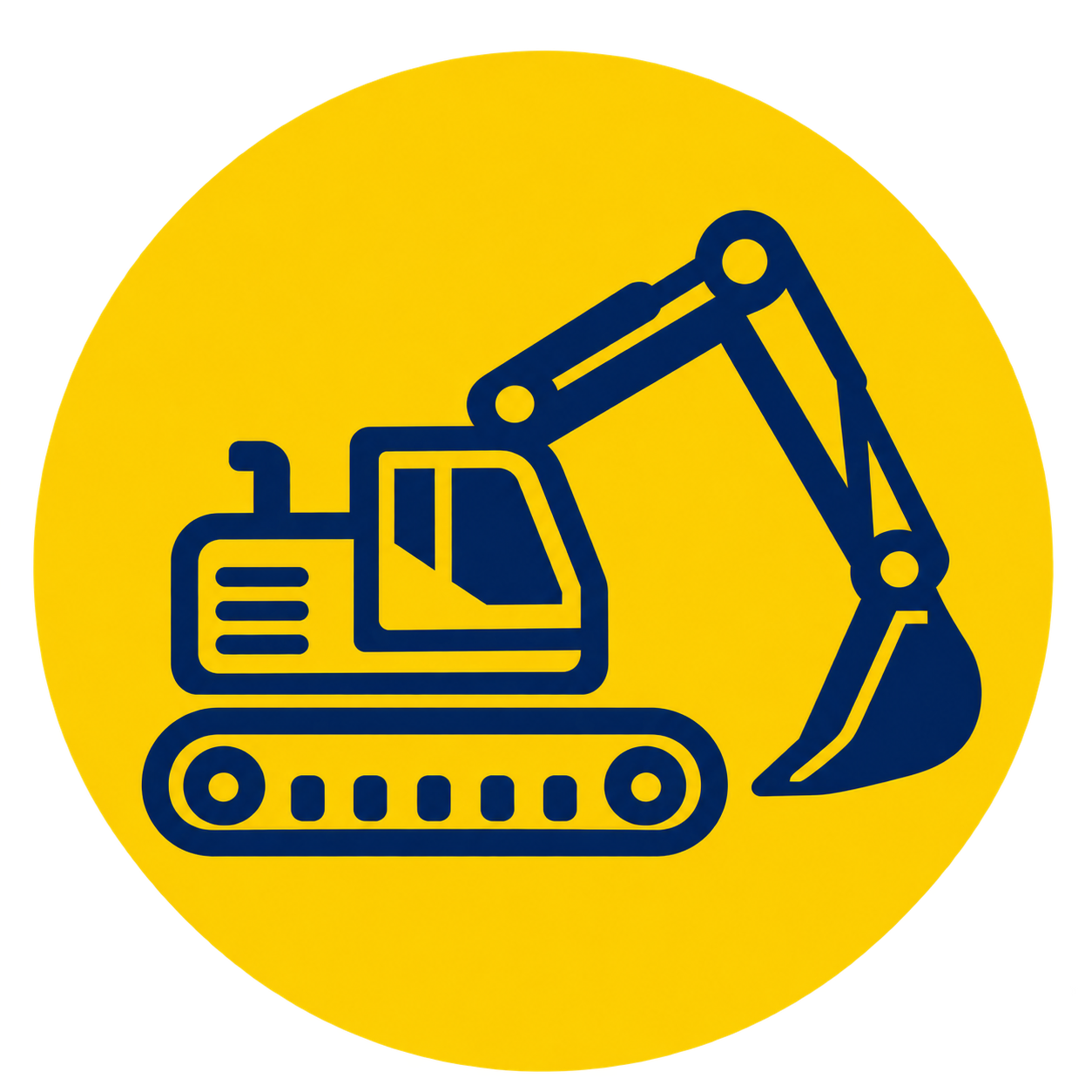 Yellow sign with blue outline of an excavator.