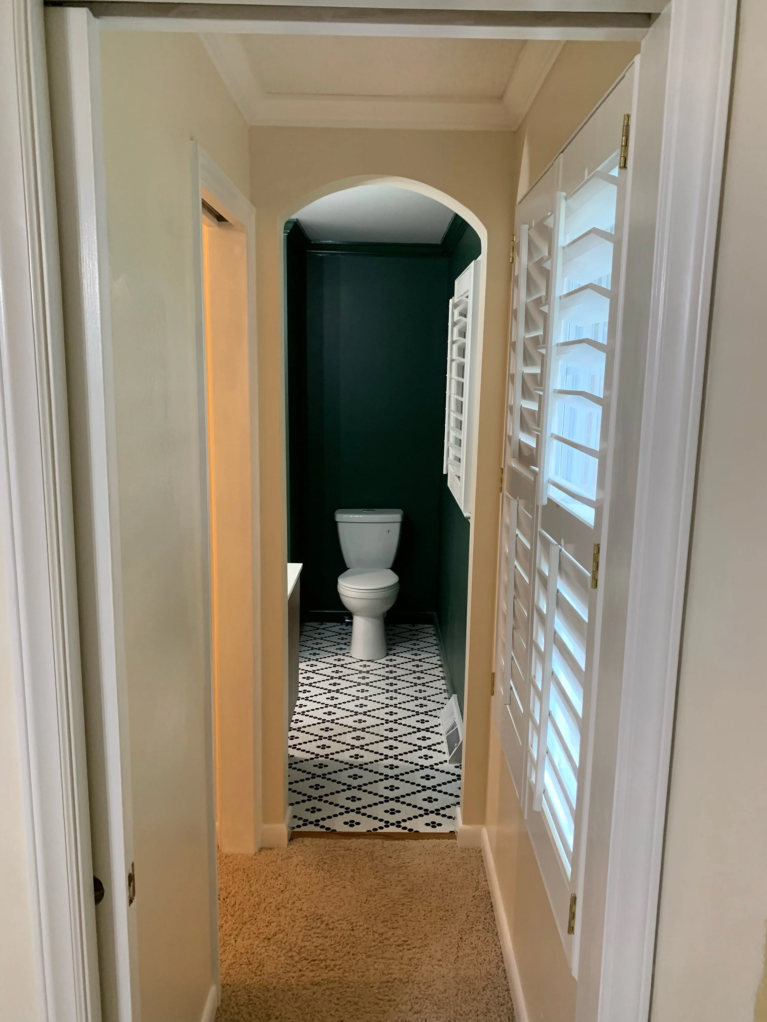 Bathroom remodel in Lancaster, SC with dark green walls, patterned tile floor, white trim, and plantation shutters.