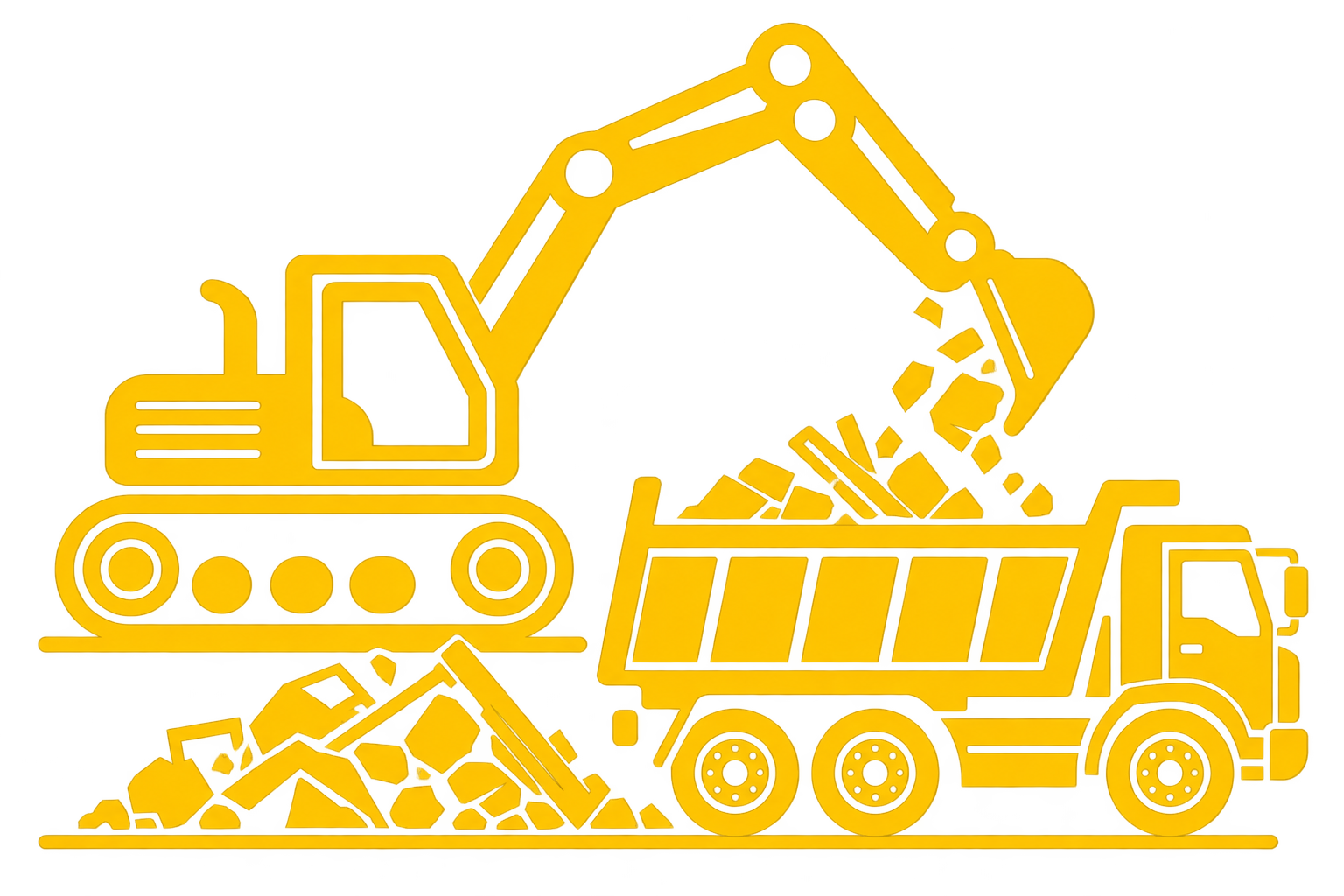 Outline of a yellow construction dump truck with a tilted bed dumping rocks.