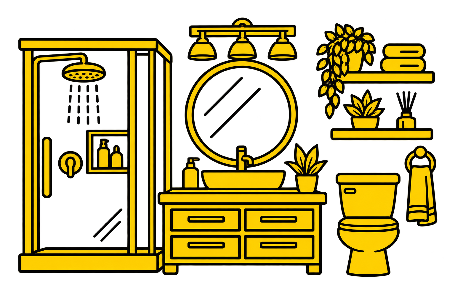 A stylized illustration of a modern bathroom with a shower, vanity with sink, round mirror, shelves with plants and towels, and a toilet, all in yellow and black outlines.