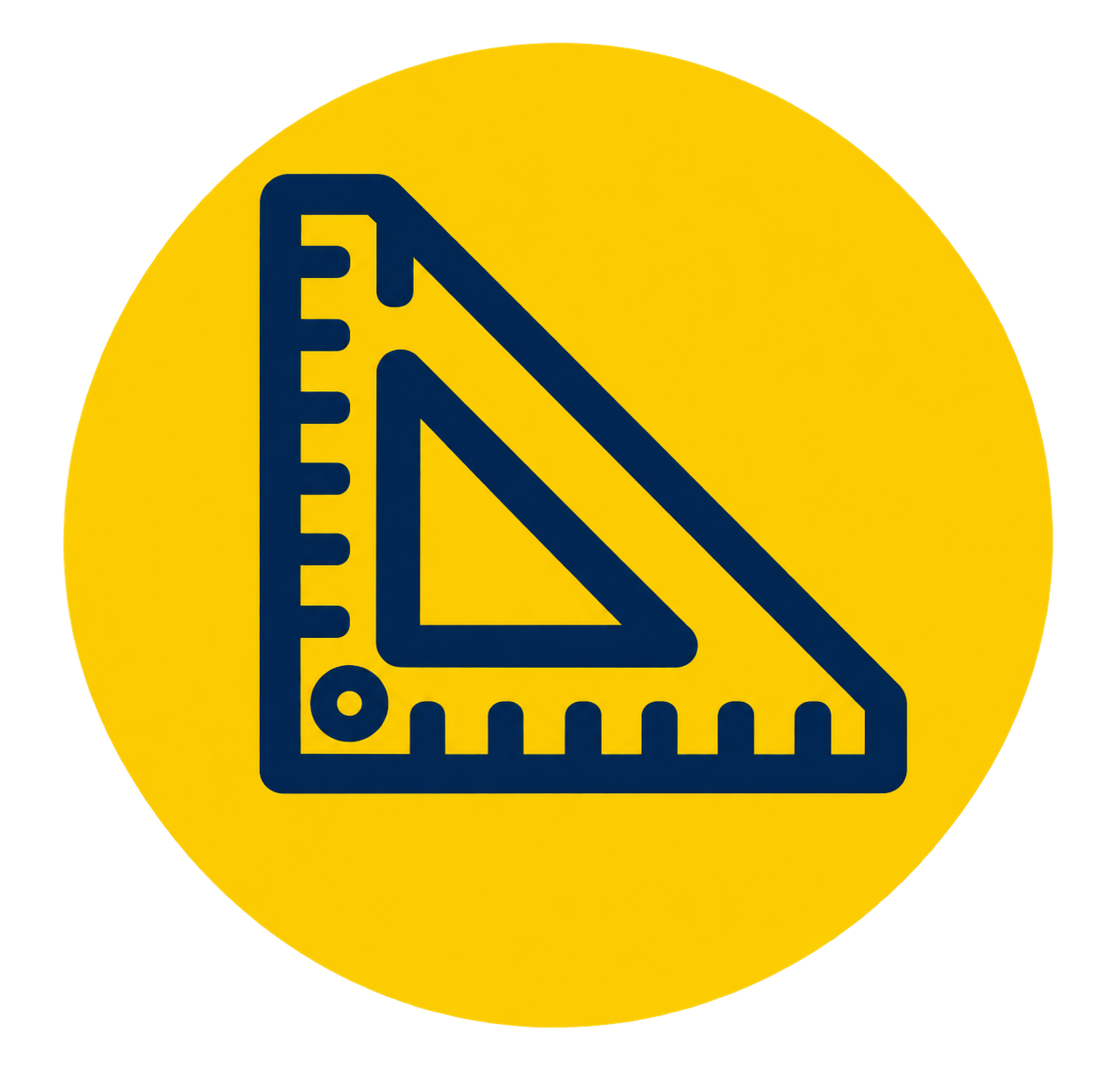 Yellow safety sign with black graphic of a square and a right angle ruler.