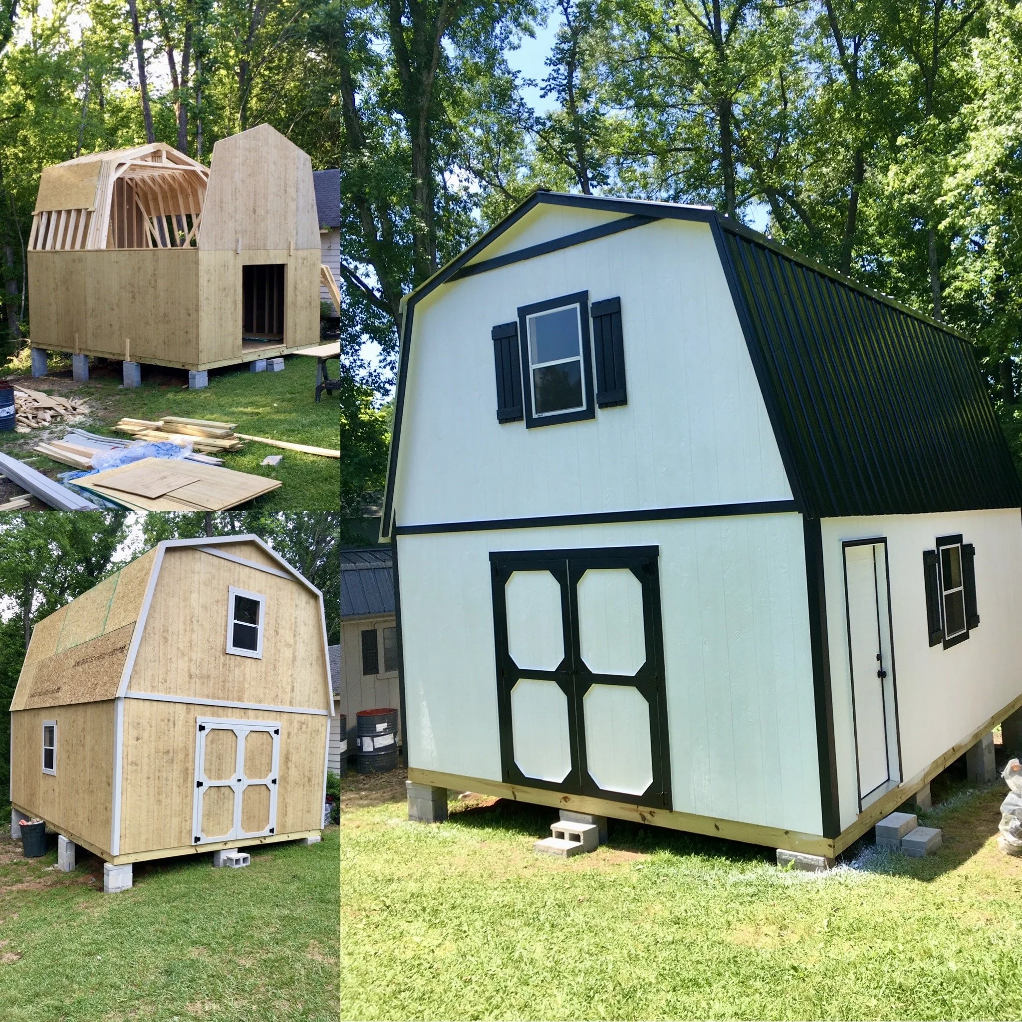Two-story custom shed shown during construction and after completion.