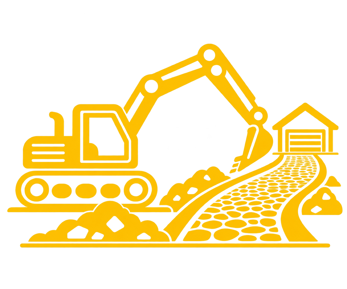 Gold construction excavator on a yellow base, with a crane arm and house in the background, building a pathway using rocks.