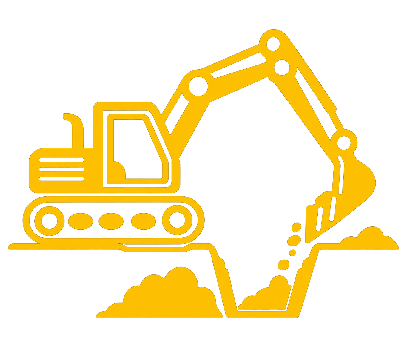 Outline drawing of an excavator with a bucket lifting dirt, depicted in a yellow outline.