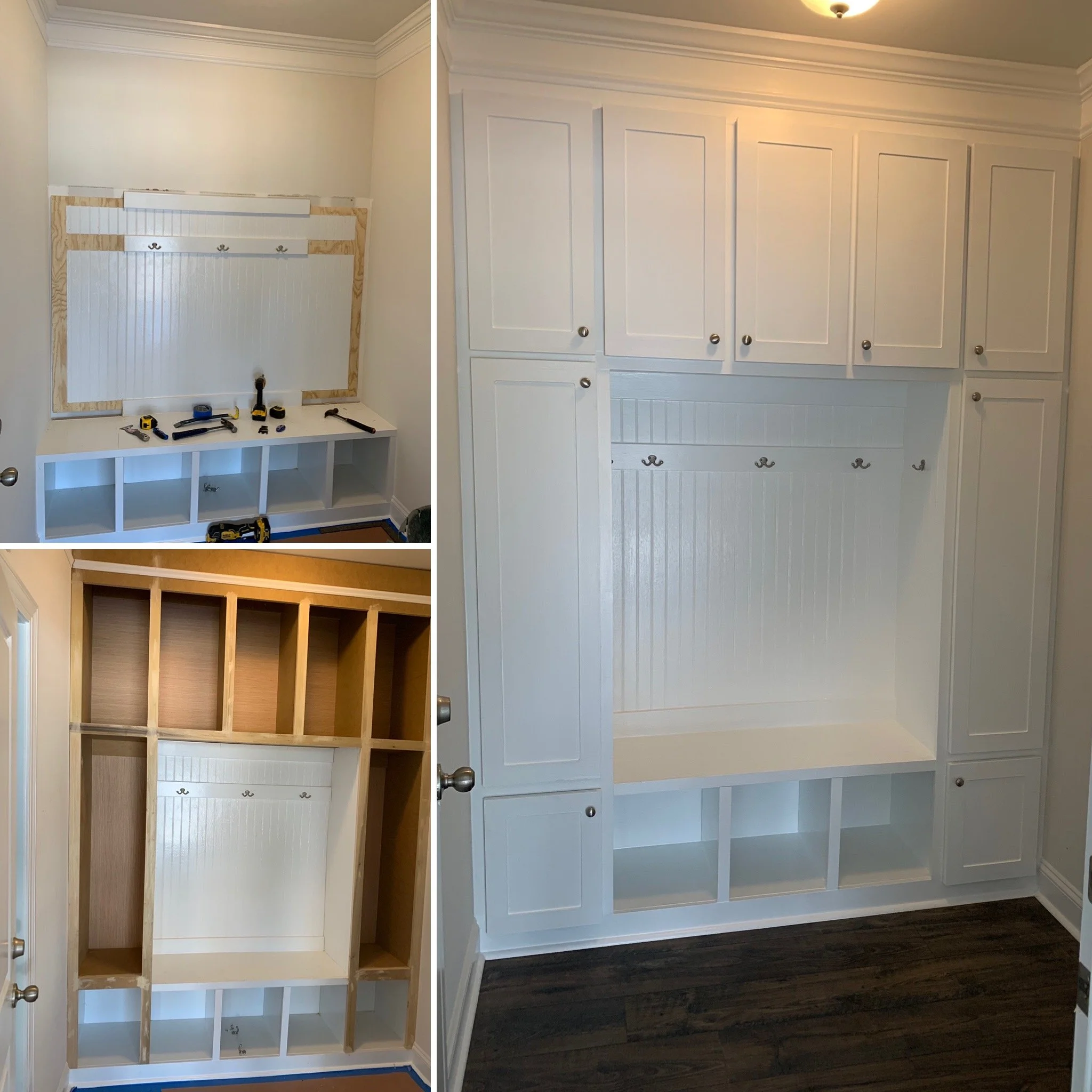 Side-by-side comparison of a kitchen cabinet renovation, showing the space before and after painting and installation of white cabinets with molding and silver knobs.