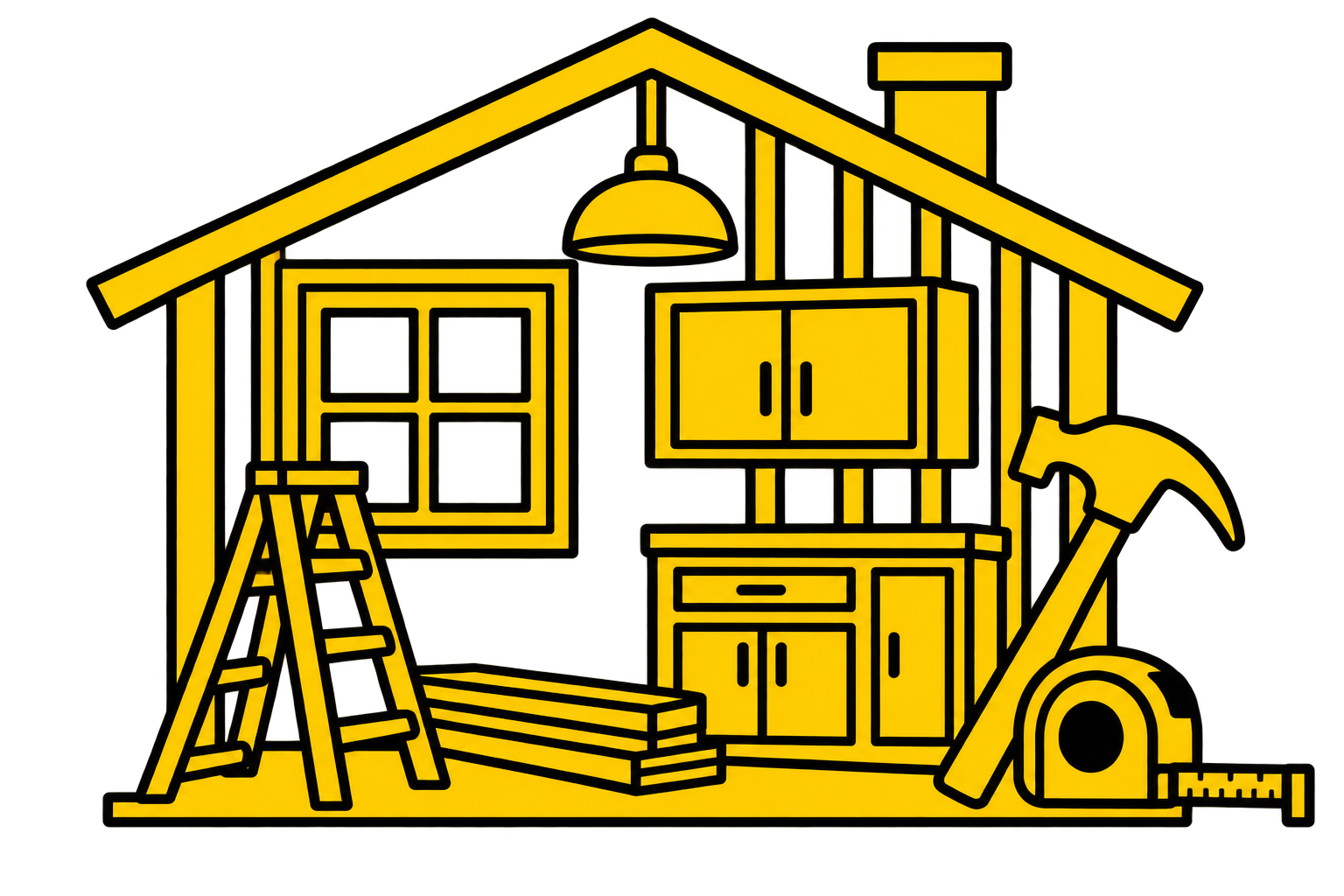 Outline of a woodworking shed with tools and furniture, including a ladder, cabinets, a saw, and a hanging lamp, depicted in yellow with black outlines.