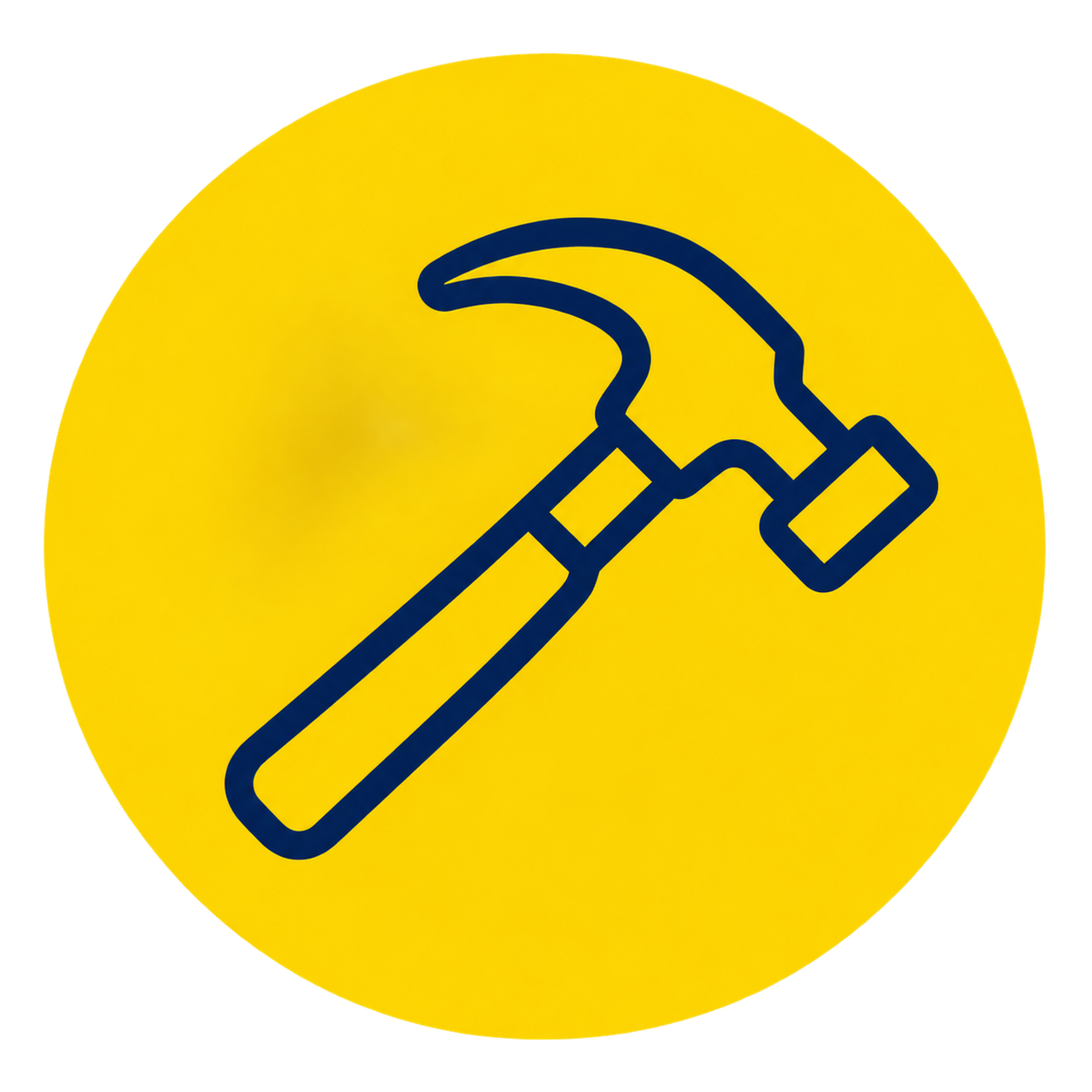 Icon of a hammer and jackhammer on a yellow circular background.