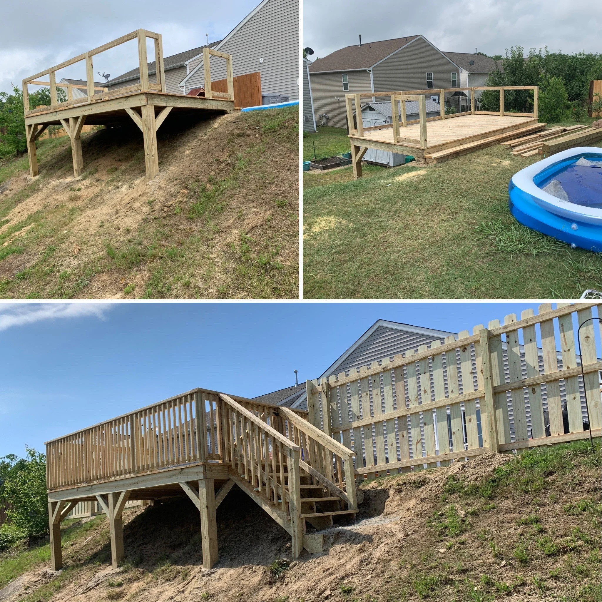 Elevated pressure-treated wood deck built on a sloped backyard with wood railings, stairs, and privacy fence in Lancaster, SC.
