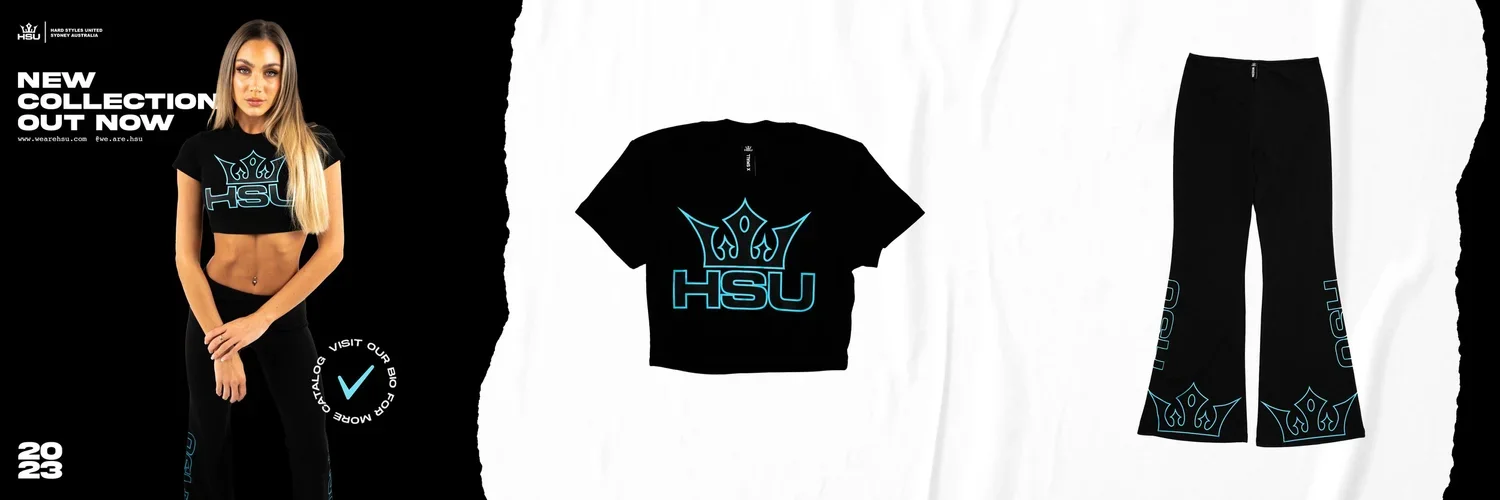 Fashion display featuring a black cropped T-shirt, black wide-leg pants, and a model wearing the T-shirt. The clothing has blue HSU logo and crown graphic design. Promotional text mentions a new collection from 2023 by Hard Styles United.