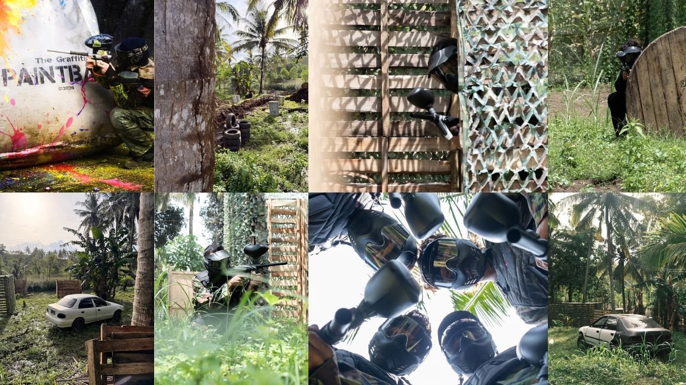 Players taking cover during a paintball game at Graffiti Paintball in Kuta Lombok.