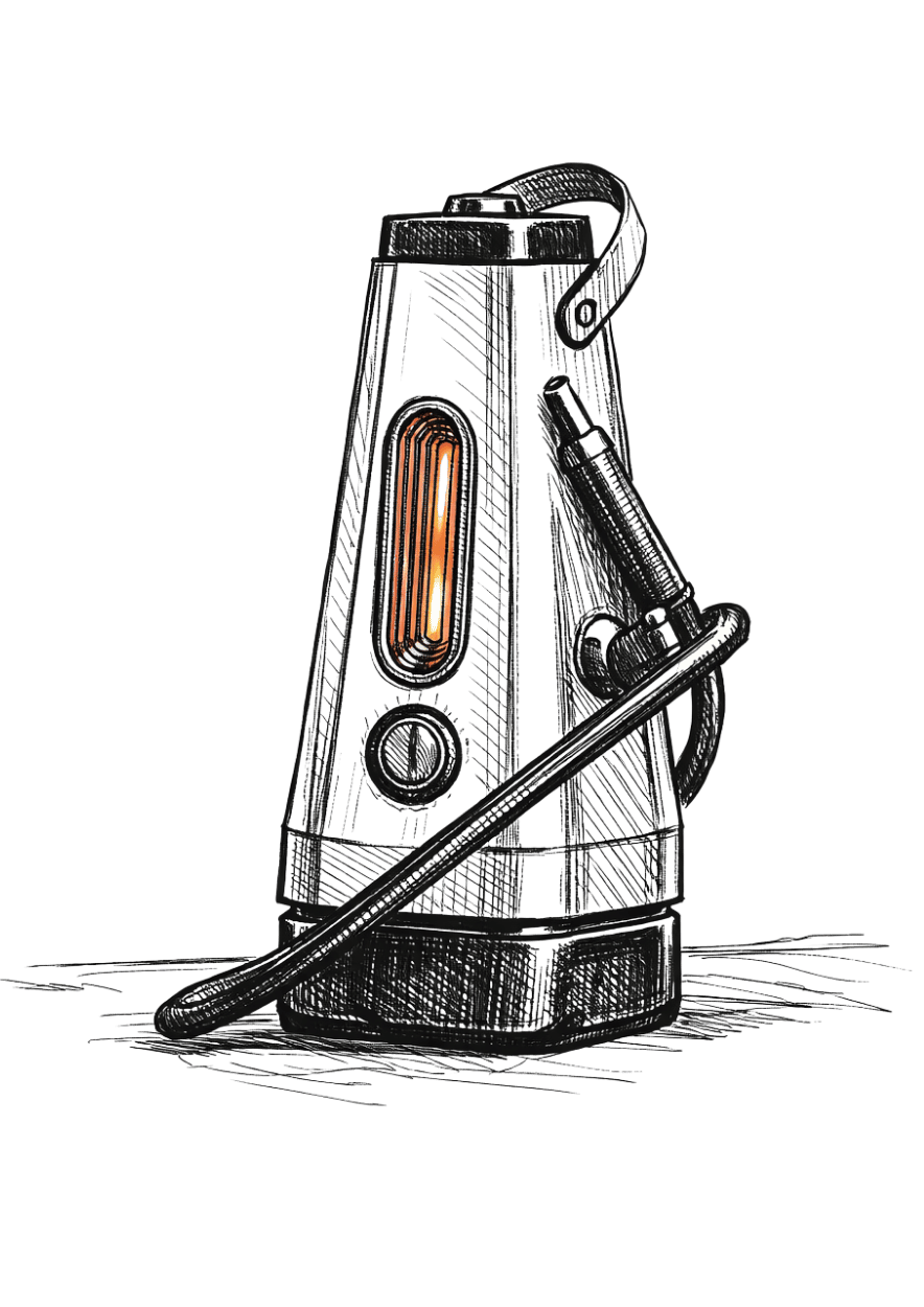 A sketch of a vintage portable electric heater with a handle, a control knob, and a glowing orange heating element, accompanied by a vacuum cleaner with a hose and handle, both standing on a textured surface.