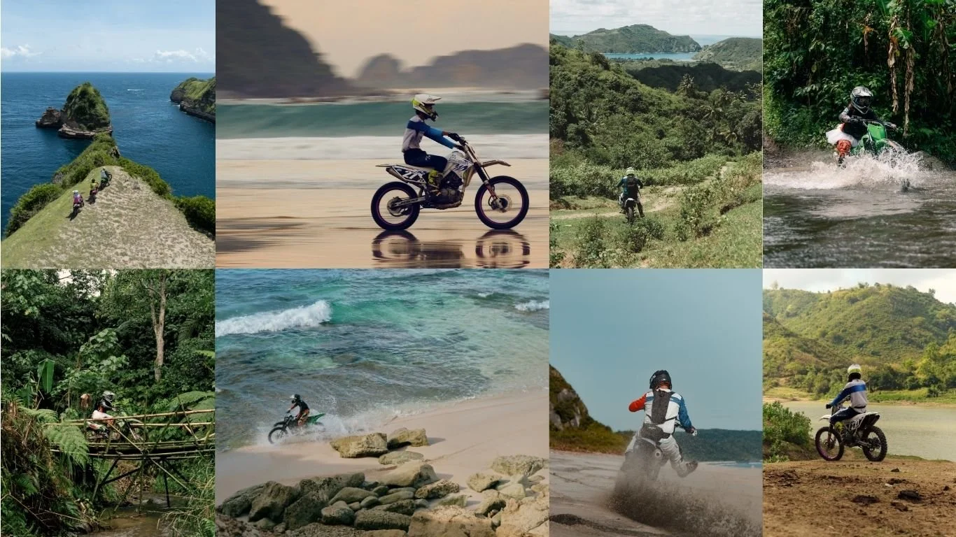 Dirt bike riders exploring beaches, jungle trails and scenic landscapes on a Mud N' Gears tour in Lombok.