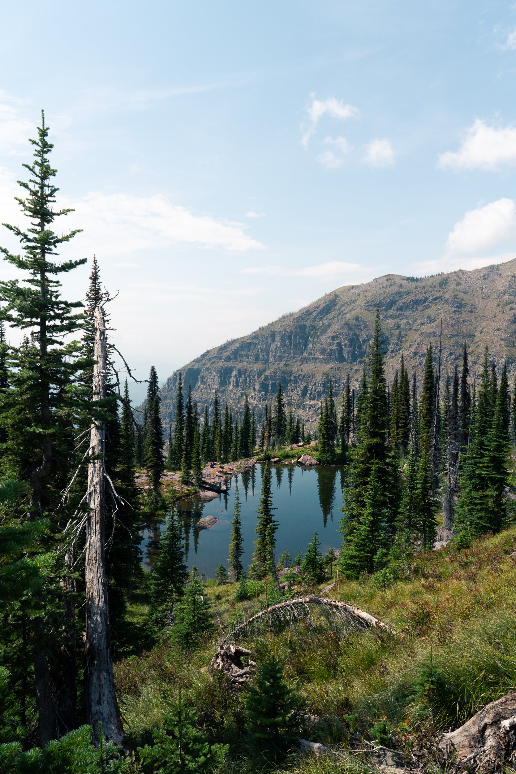 A mountain landscape with pine trees, a small water body, and rugged mountain slopes under a partly cloudy sky.