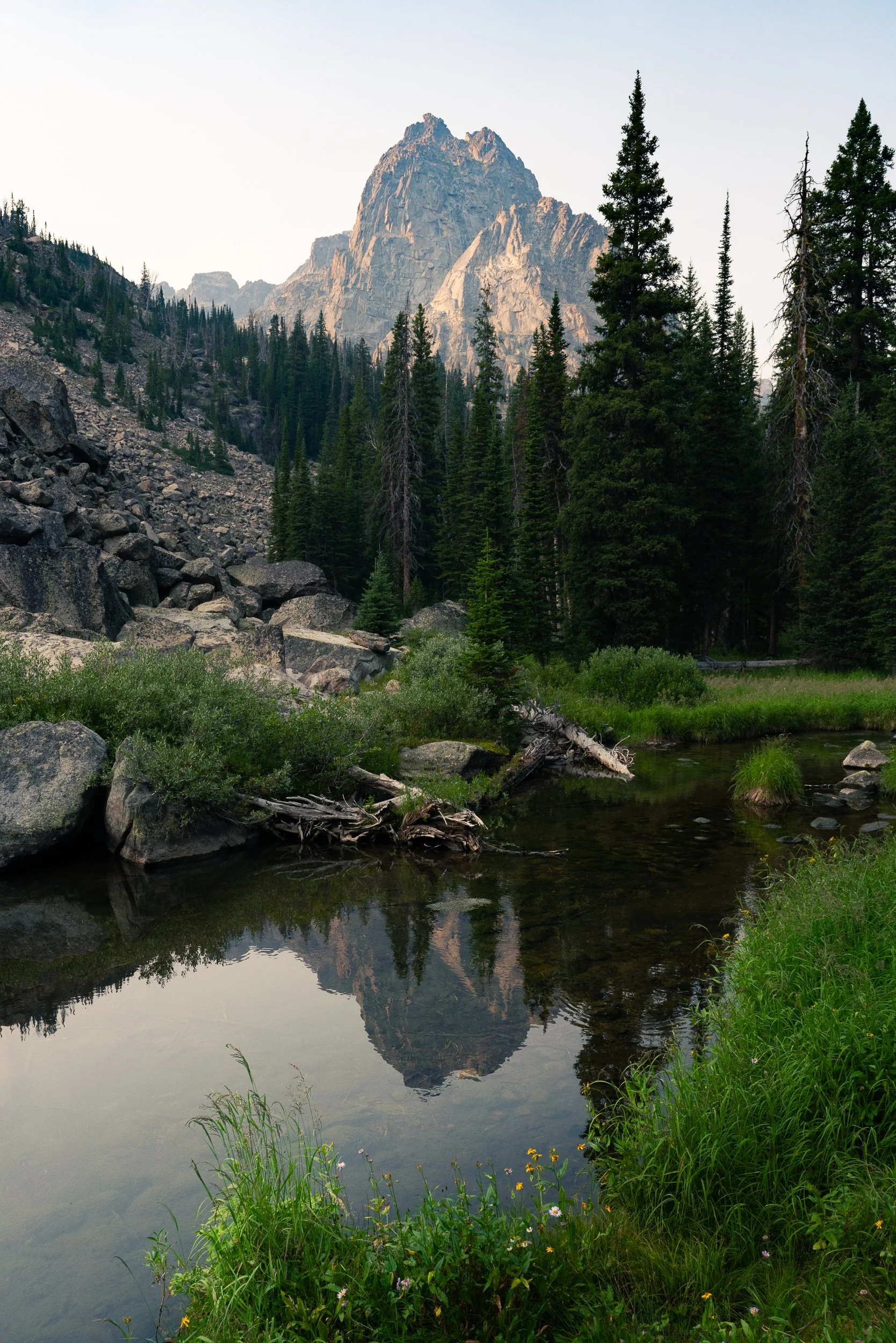 A calm mountain scene with a large rocky mountain peak in the background, surrounded by pine trees and a small reflective pond in the foreground.