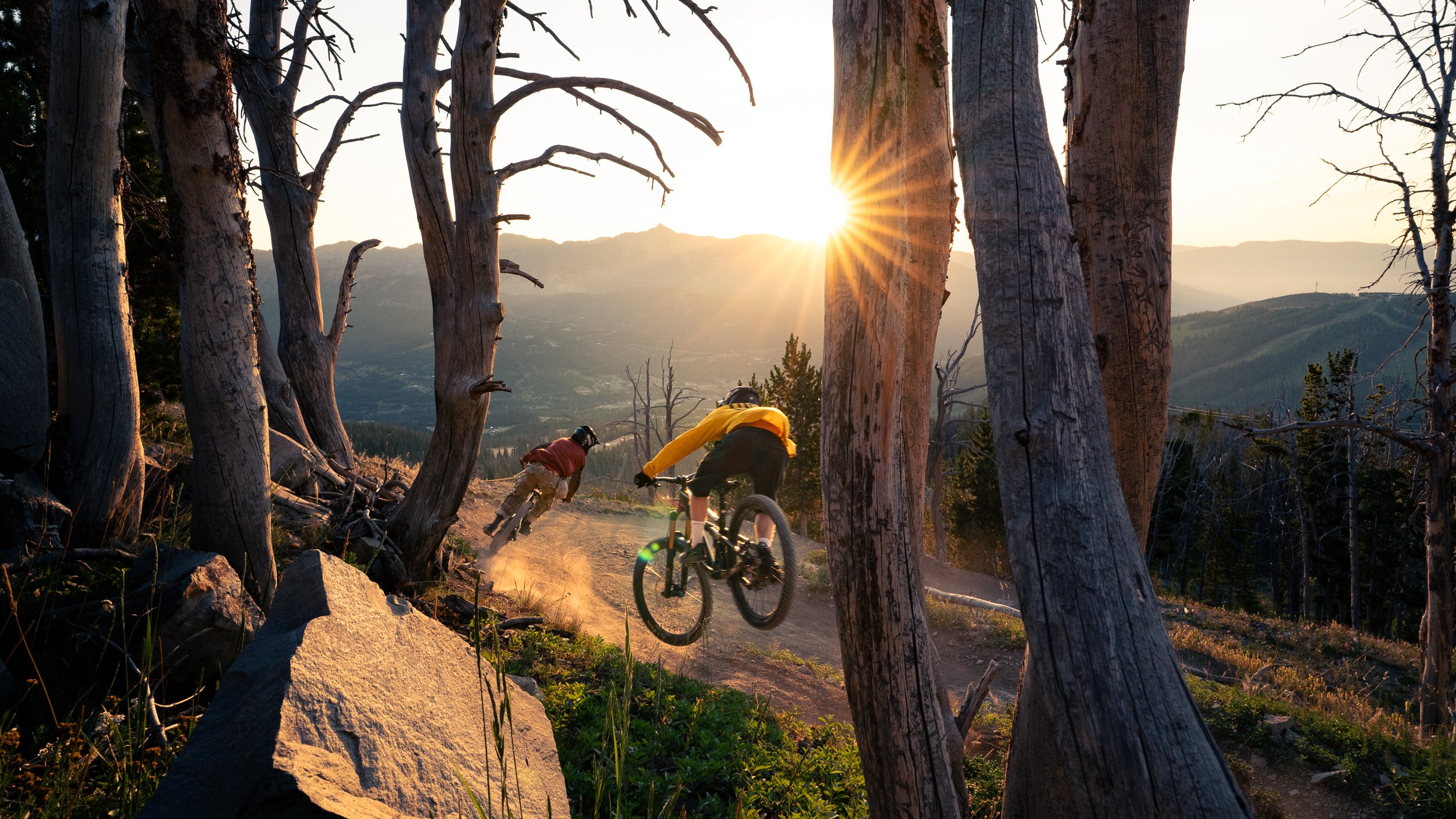 Two mountain bikers riding along a trail in a wooded area during sunrise, with tall trees and mountain landscape in the background.