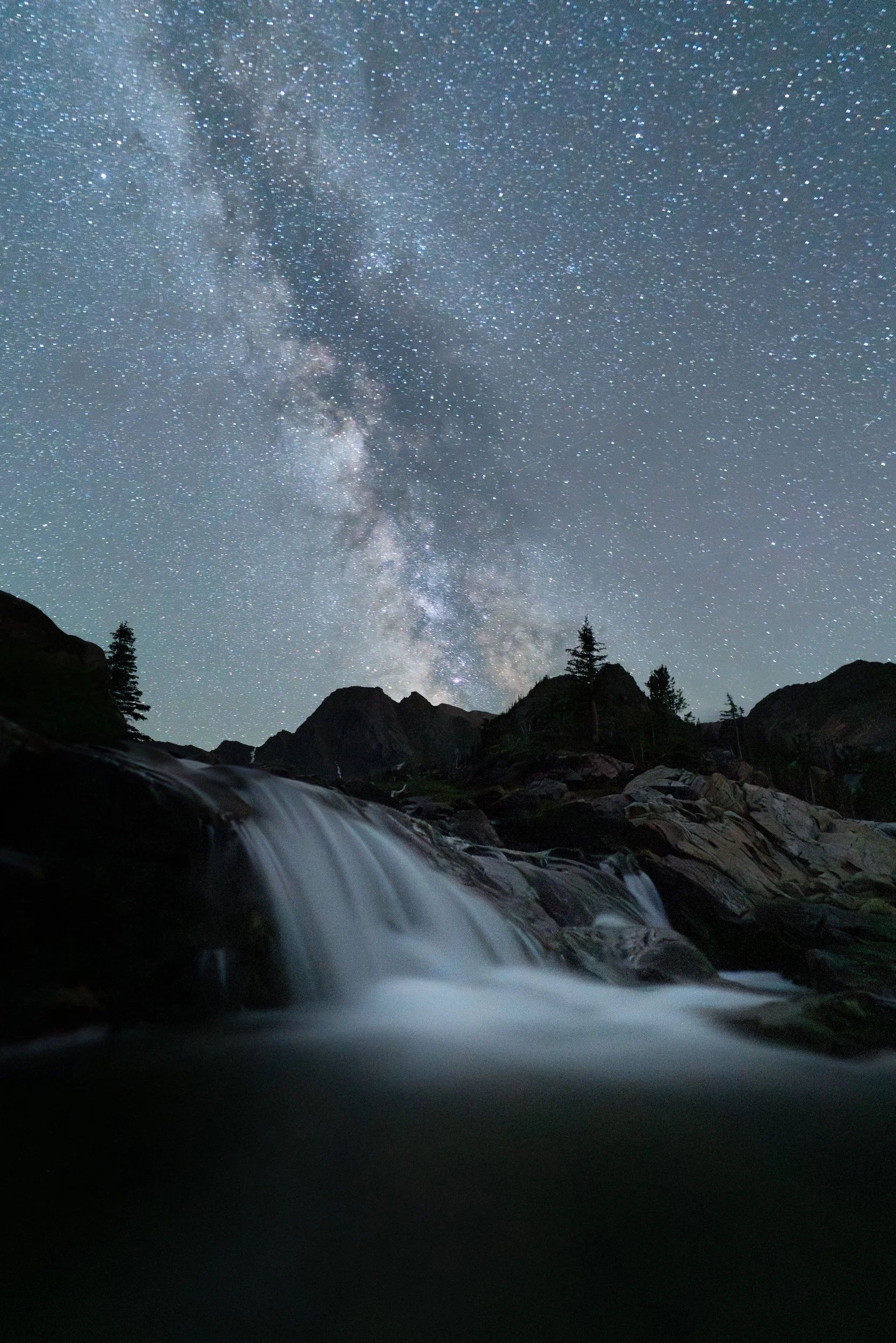 Night sky filled with stars and the Milky Way galaxy over a mountain landscape with a flowing waterfall in the foreground.
