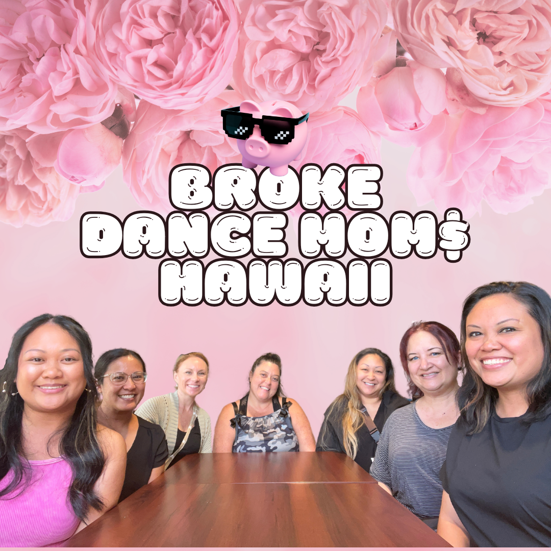 Group of women smiling around a conference table with a pink floral background and a cartoon pig wearing sunglasses. Text overlay reads 'Broke Dance How's Hawaii'.