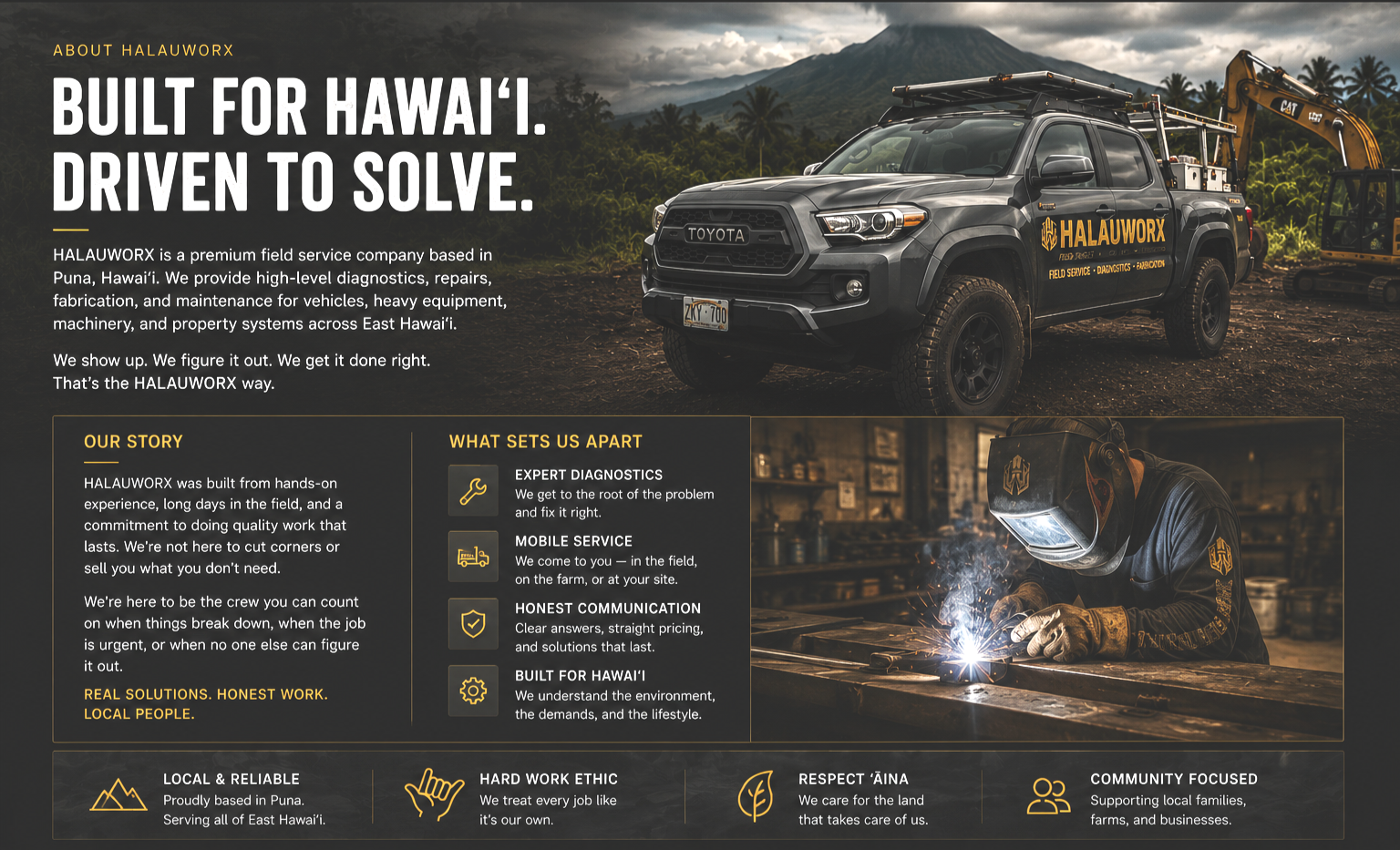 A promotional webpage for HALAUWORX, a field service company in Puna, Hawaii. The page features a black pickup truck with equipment, a mountain landscape background, and an image of a worker welding. The text highlights the company's focus on diagnostics, repairs, and honest service, emphasizing its local roots and community commitment.