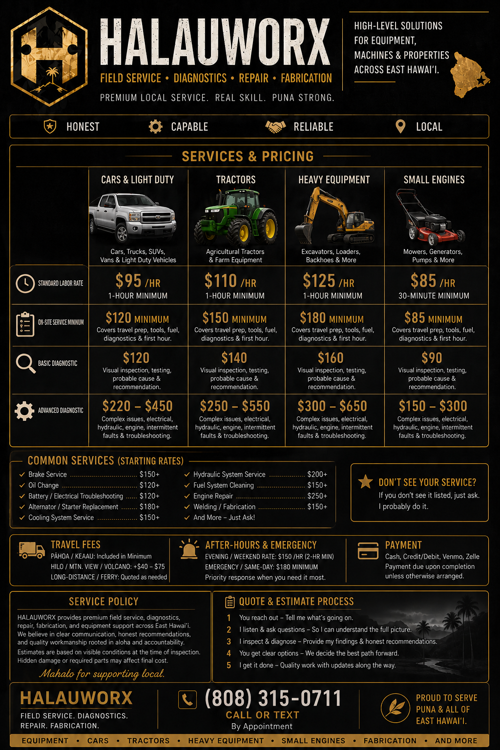 A black and gold promotional flyer for Halauworx, offering field service, diagnostics, repair, and fabrication of equipment, machinery, and properties across East Hawaii. The flyer details services and pricing for cars, light duty vehicles, tractors, heavy equipment, and small engines, along with service policies, rates, and contact information.