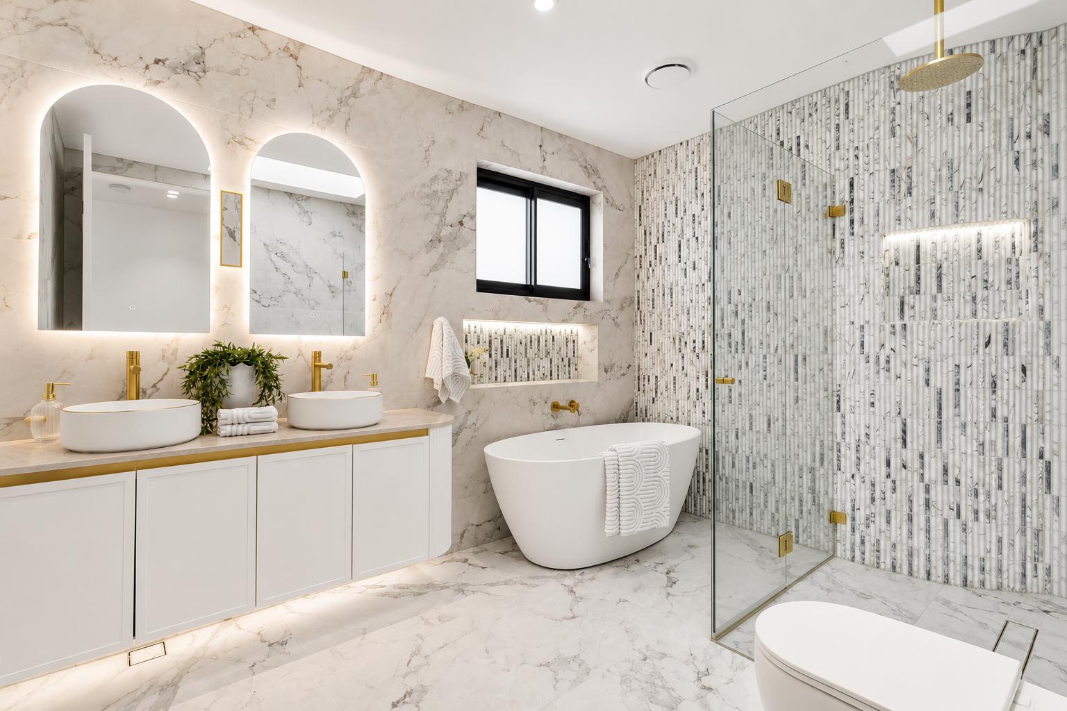 Modern bathroom with marble floors and walls, featuring two oval vessel sinks with gold fixtures, a freestanding bathtub with a towel, a glass-enclosed shower area with marble tile, large mirrors illuminated with backlighting, and a small window with frosted glass.