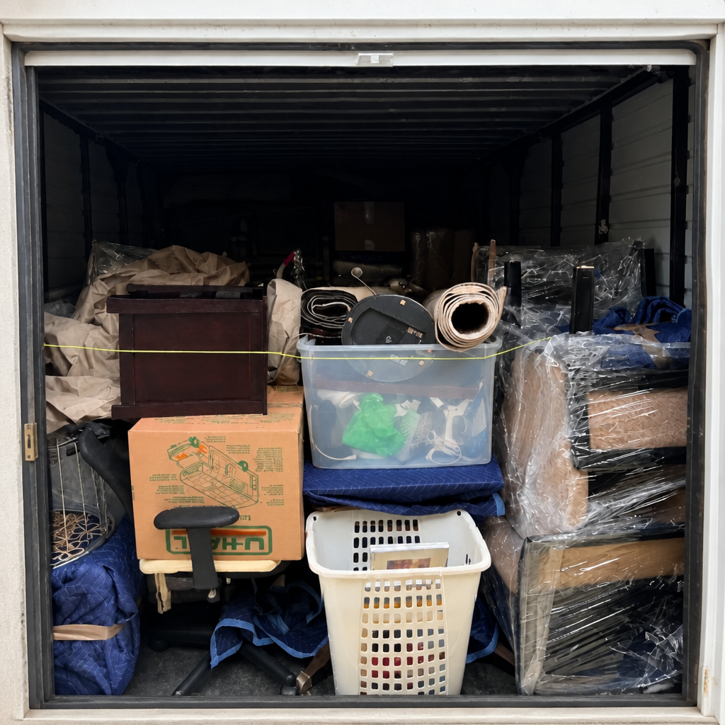 A cluttered storage unit filled with cardboard boxes, plastic bins, rolled-up rugs, and furniture wrapped in plastic.