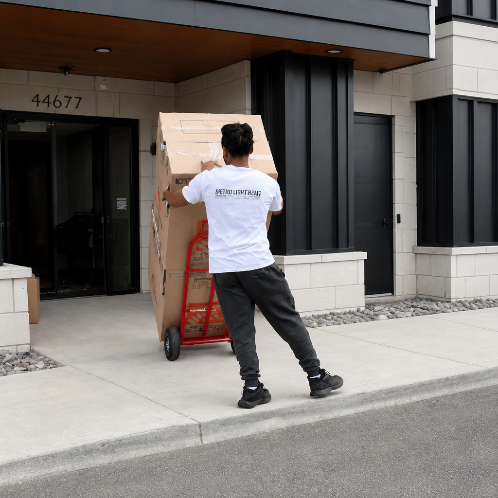 A person wearing a white t-shirt and black pants is moving a large cardboard box on a red hand truck in front of modern residential buildings.