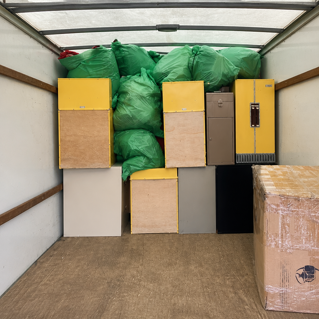 The interior of a delivery truck filled with large green trash bags and various colored storage cabinets, including yellow, white, gray, and black, with a wrapped pallet on the right side.