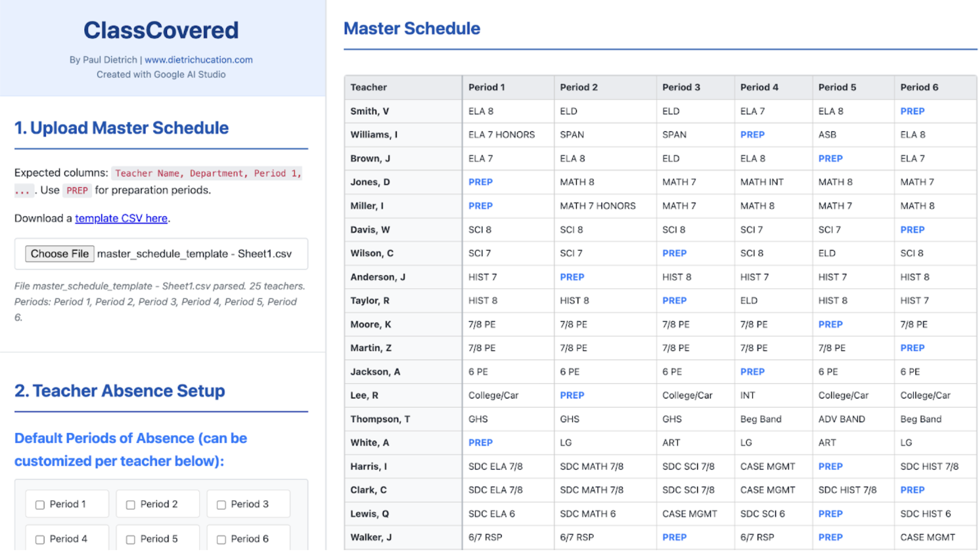 Screenshot of a web page titled 'ClassCovered' showing a master schedule template for teachers, including columns for teacher names, departments, and periods, with clickable links labeled PREP, and a section to upload a CSV file.