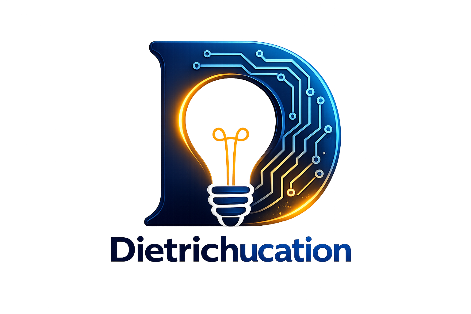 A neon sign featuring a lightbulb with circuit lines inside, and the word 'Dietrichucation' below, illuminated in blue, orange, and white colors.