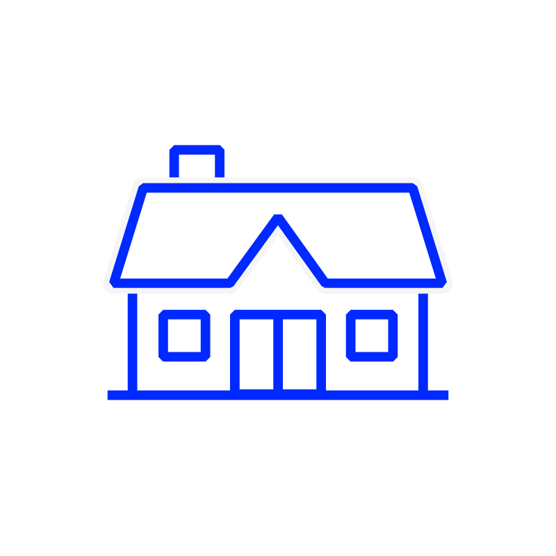 Neon outline of a house with a chimney, with blue and white lines on a black background.
