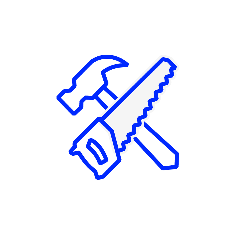 Neon outline of a hammer, saw, and screwdriver crossed over each other on a black background.