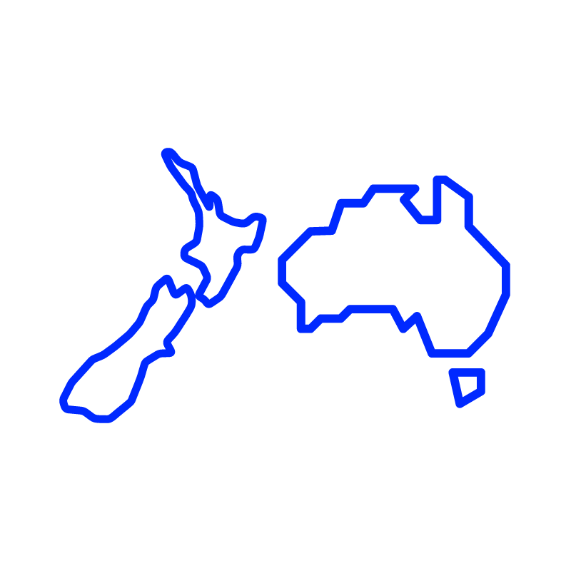 An outline map of New Zealand and Australia with borders highlighted in blue on a black background.