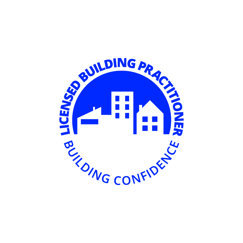 A logo with a blue circle containing silhouettes of buildings, with the text 'Licensed Building Practitioner' and 'Building Confidence' surrounding the circle.