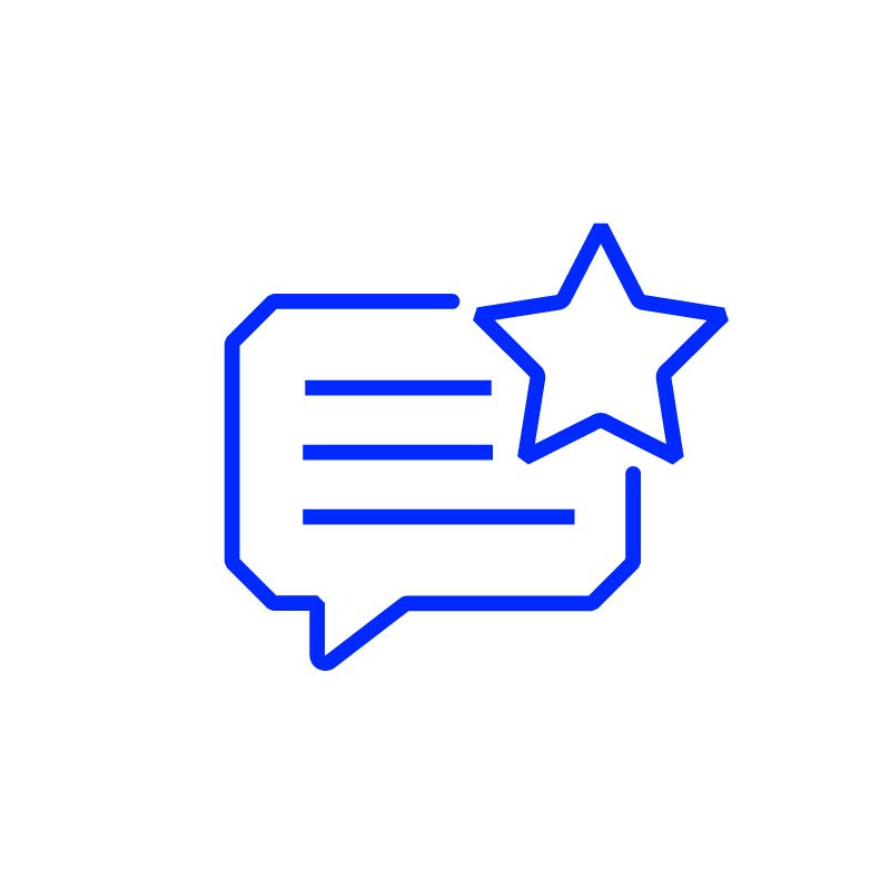 Blue outline icon of a chat bubble with text lines and a star in the upper right corner.