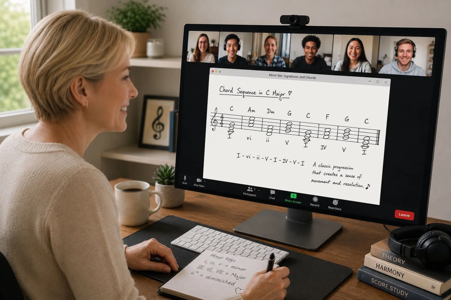 A woman with short blonde hair teaching a virtual music lesson to six students via video call. The lesson includes sheet music of a chord progression in C Major on her monitor. She is taking notes on a notebook with a cup of coffee nearby.