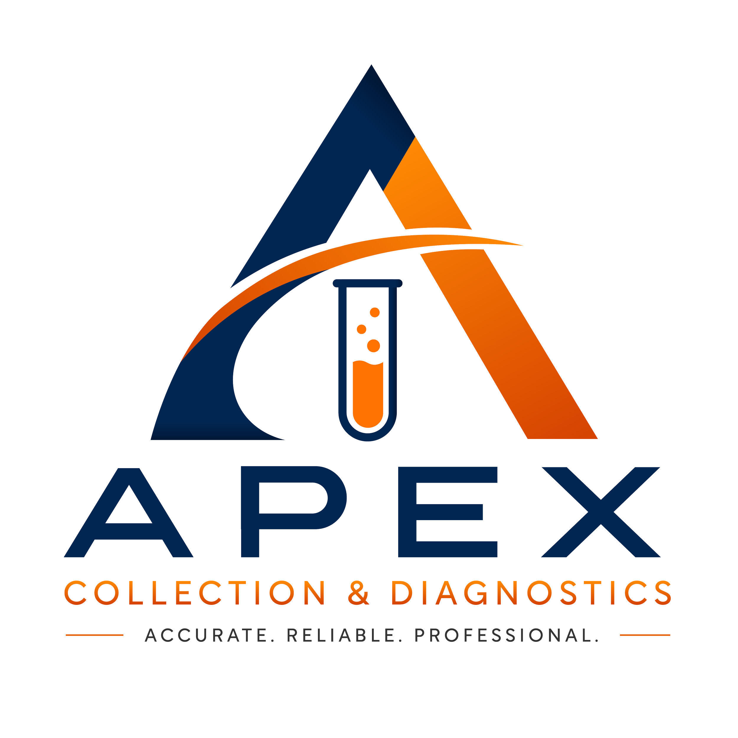 Logo for a collection and diagnostics service with a stylized letter A in dark blue and orange, and text indicating focus on accurate, reliable, and professional service.